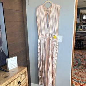 Miss Sparkling Elegant Gold/Champagne Pleated Maxi Dress with Tie/ Zippered Back